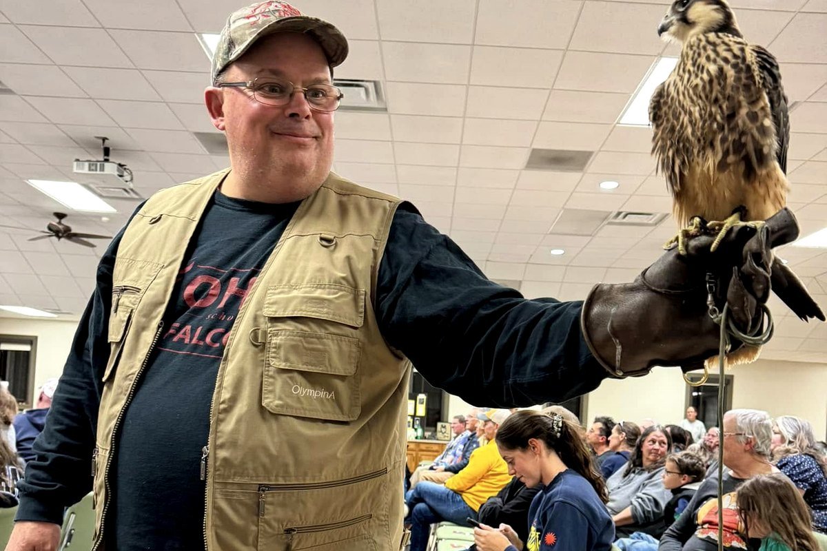 School program audience meeting an Ohio School of Falconry owl